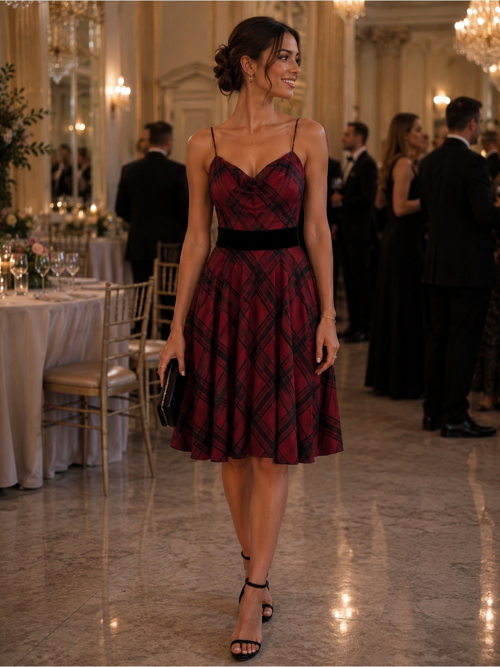 NINE WEST Red Plaid Spaghetti-Strap Party Dress Black Velvet Waistband Sz 10 Fun